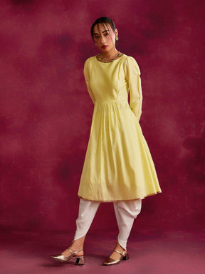 Pintucked yoke flared kurta- Lemon yellow