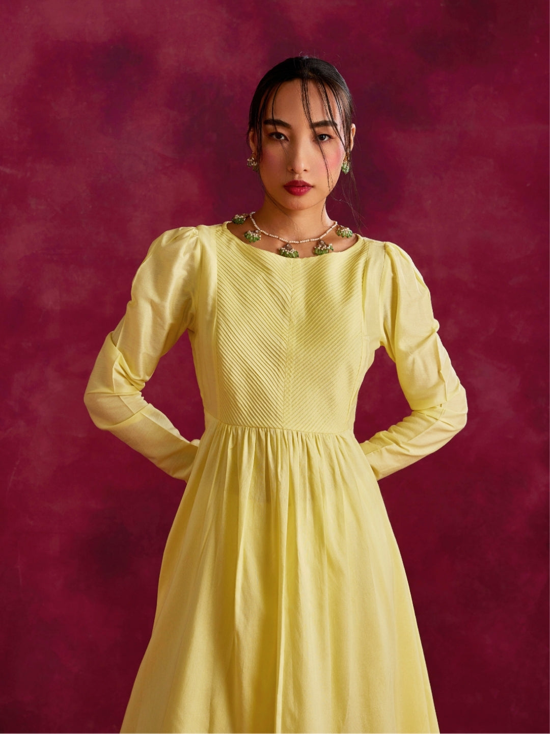 Pintucked yoke flared kurta- Lemon yellow