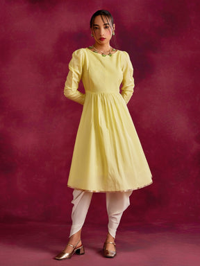 Pintucked yoke flared kurta- Lemon yellow