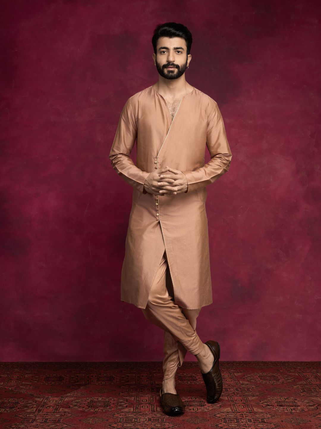 V-neck overlapped kurta Set - Coffee brown