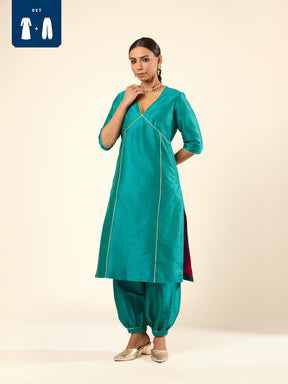 Zari Lace Art Silk Kurta Set- Green