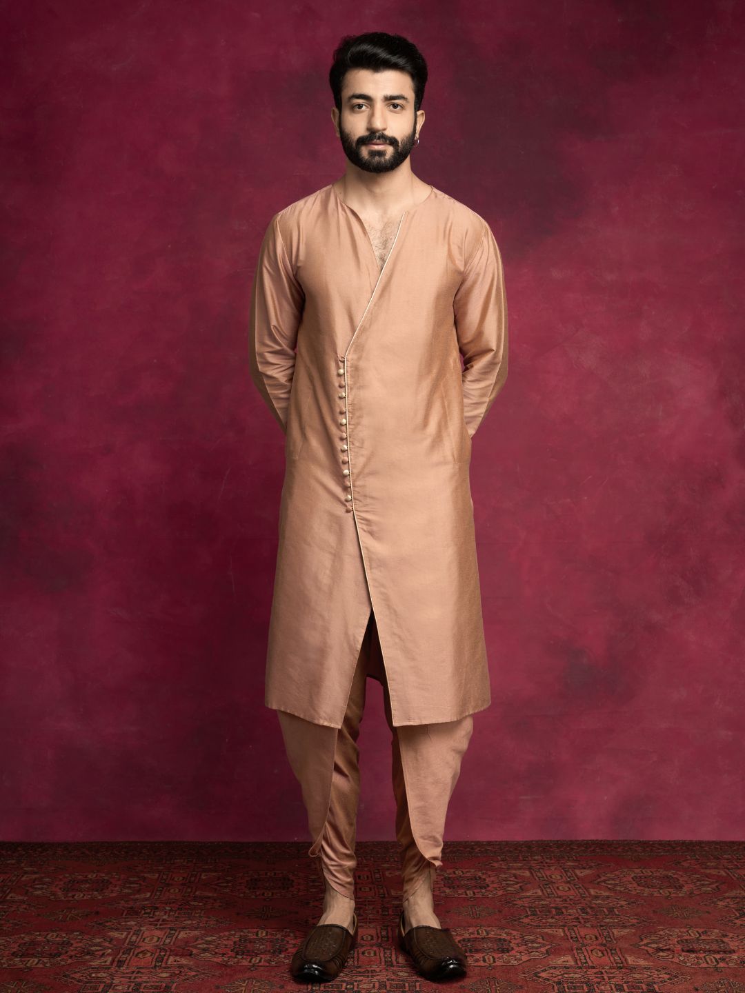 V-neck overlapped kurta Set - Coffee brown