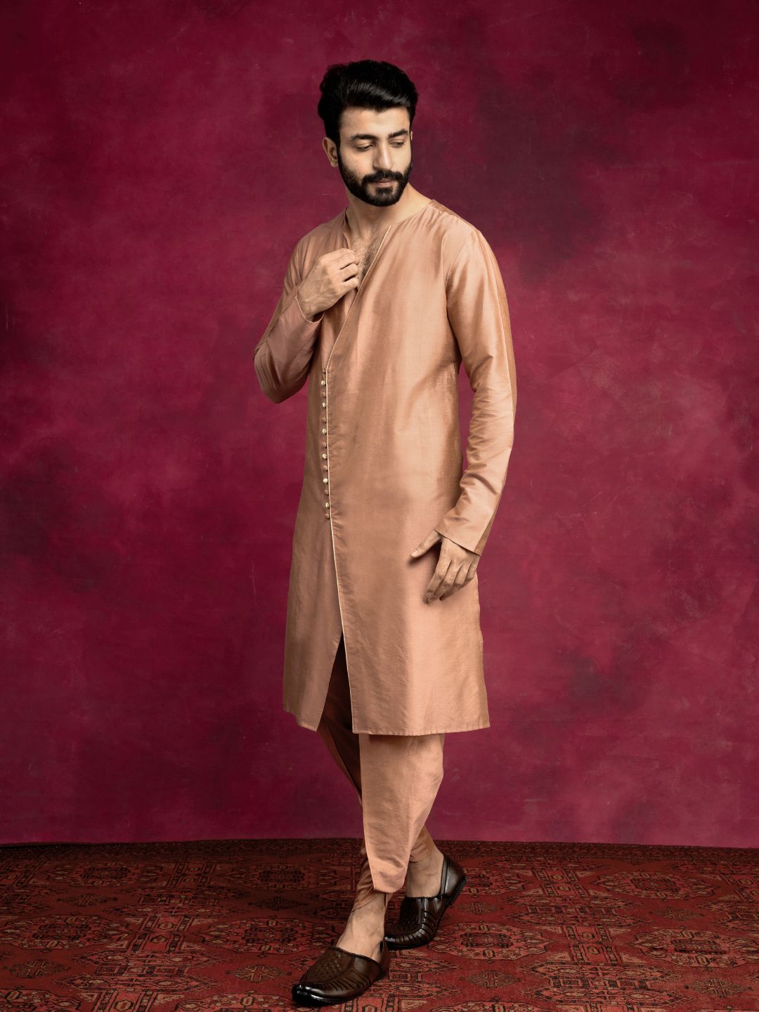 V-neck overlapped kurta Set - Coffee brown