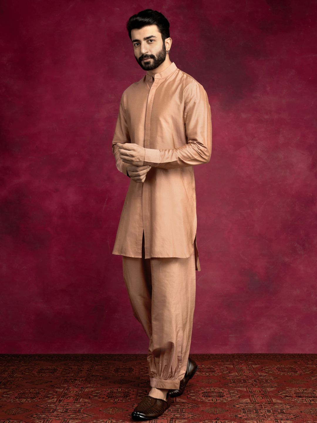 High-low hem kurta paired with pathani pants - Coffee brown