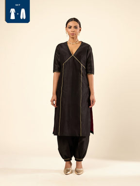 Zari Lace Art Silk Kurta Set- Black