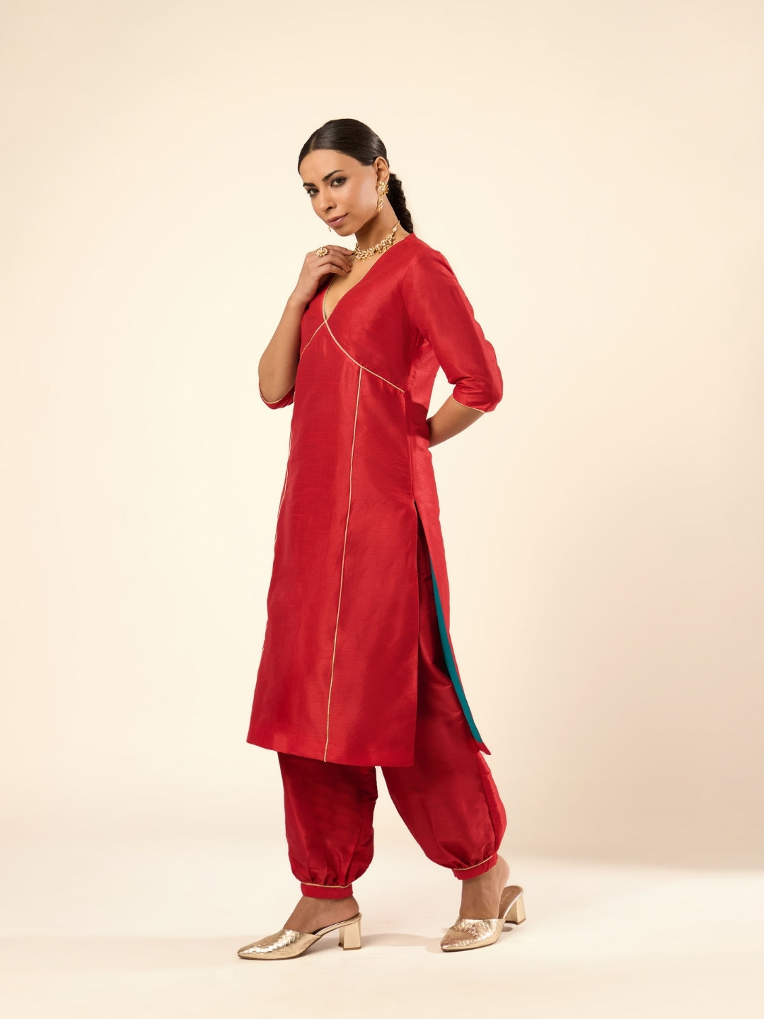 Zari Lace Art Silk Kurta- Red