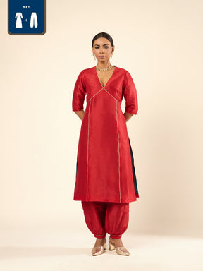 Zari Lace Art Silk Kurta Set- Red