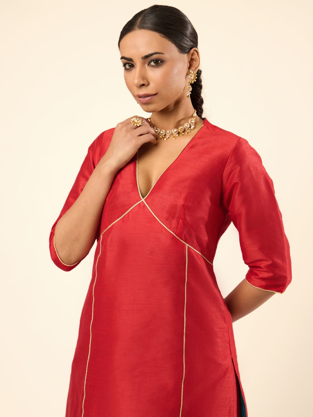 Zari Lace Art Silk Kurta- Red