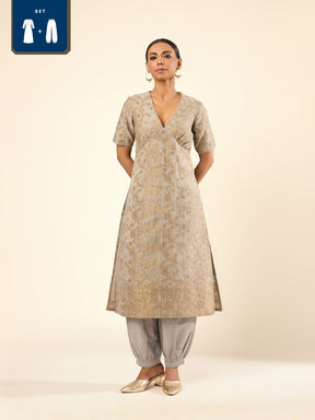 Cotton zari baswada Kurta Set with Back Cut-out and tie-up- Grey