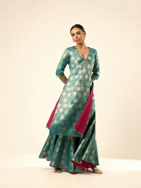 Lotus Jaal Baranasi Silk Kurta- Teal