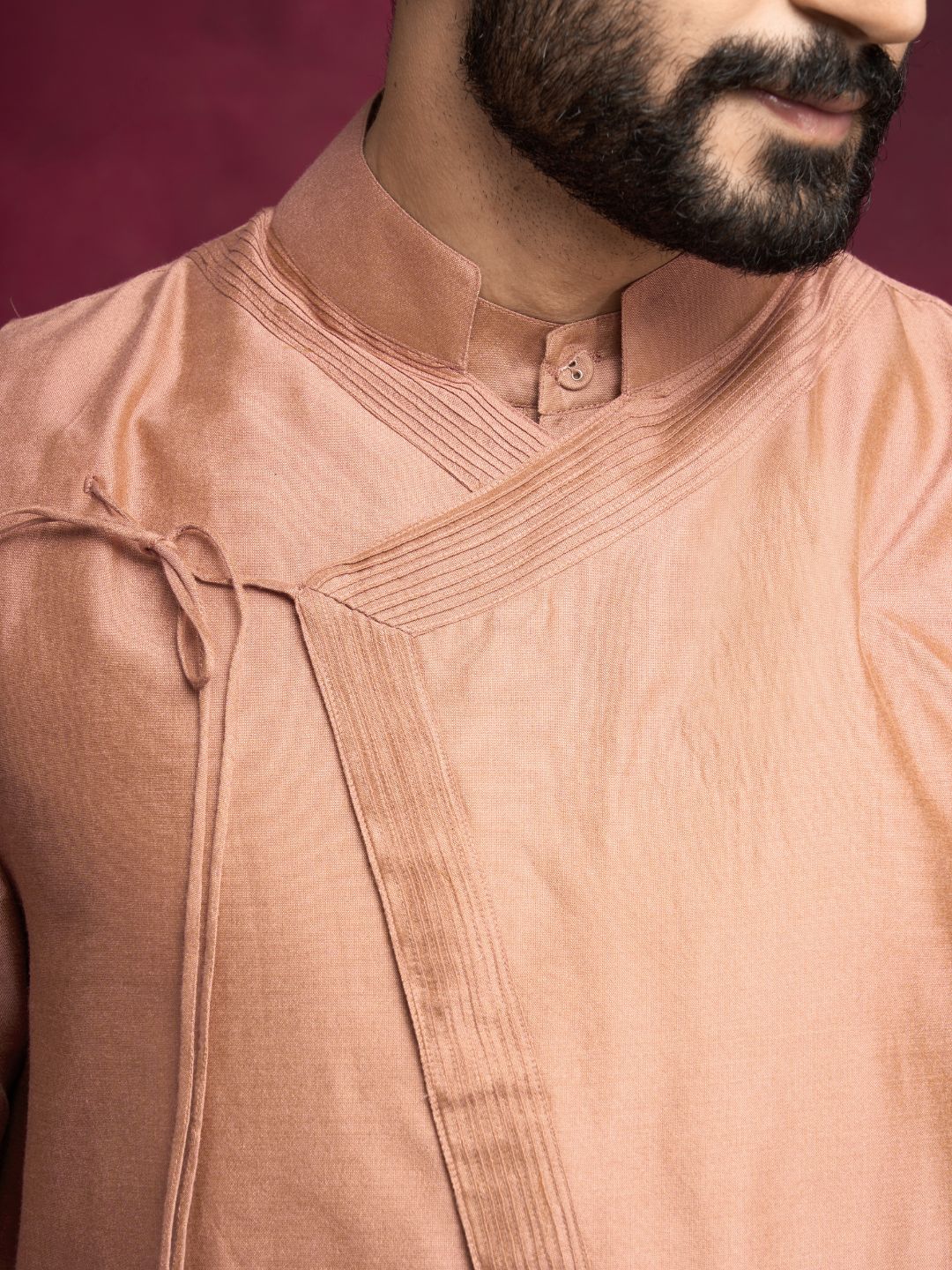 Straight kurta layered with asymmetrical jacket Set-Coffee brown