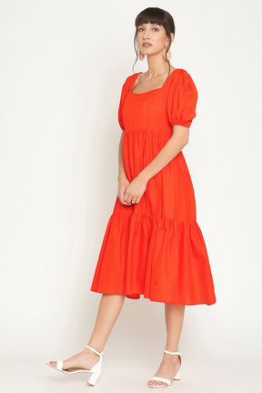 Puff sleeves midi tiered dress with slit-Tangerine