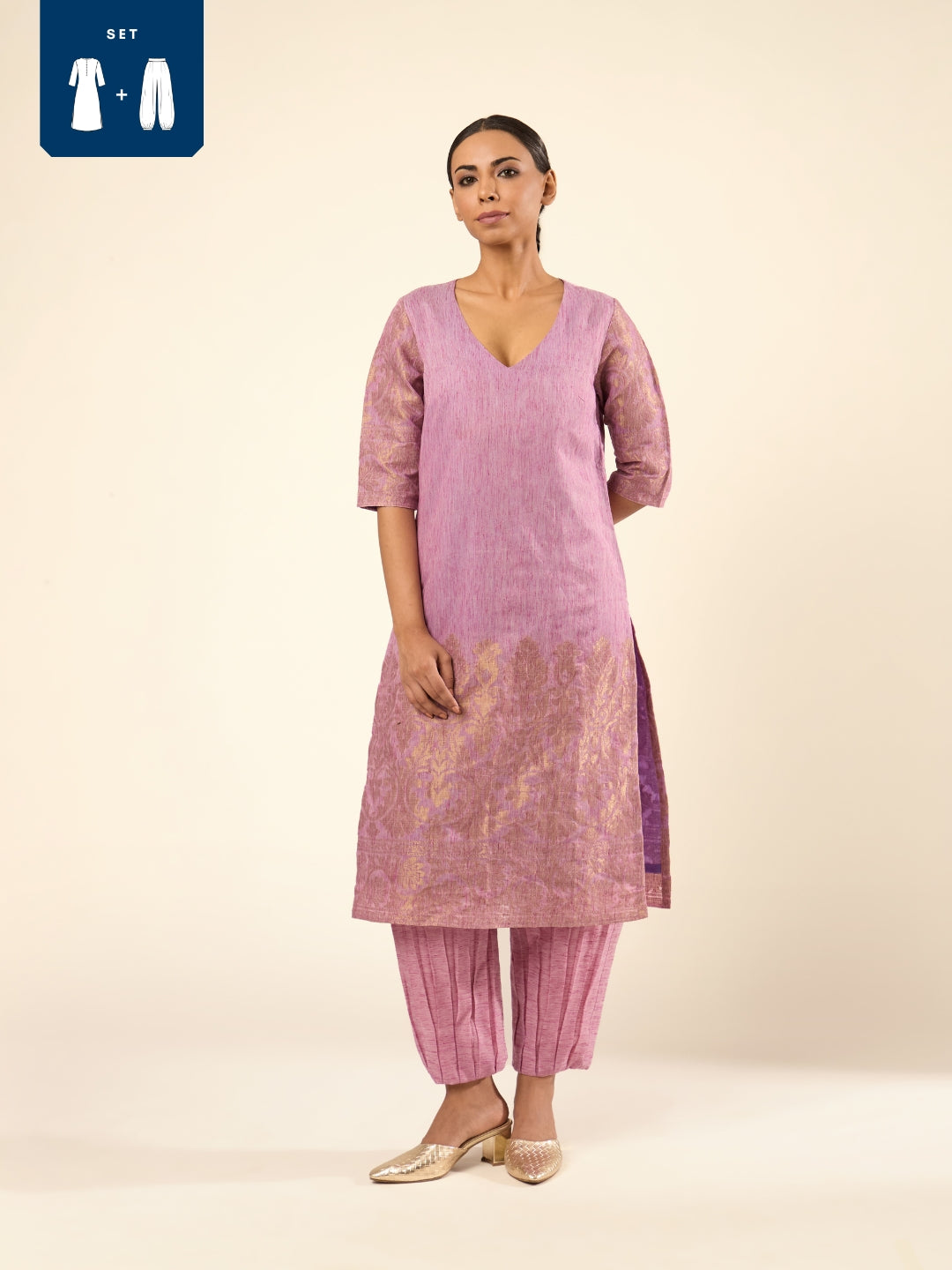 Zari Banswara Border Kurta Set- Lilac