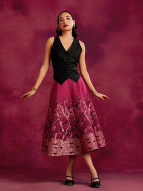 Waist coat top with zari work pleated skirt- Cabaret pink