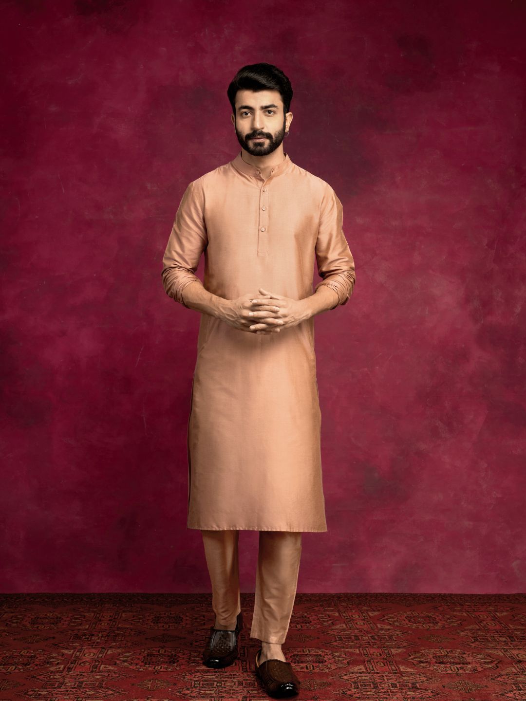 Mandarin collar Straight kurta Set - Coffee brown