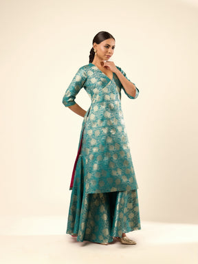 Lotus Jaal Baranasi Silk Kurta- Teal