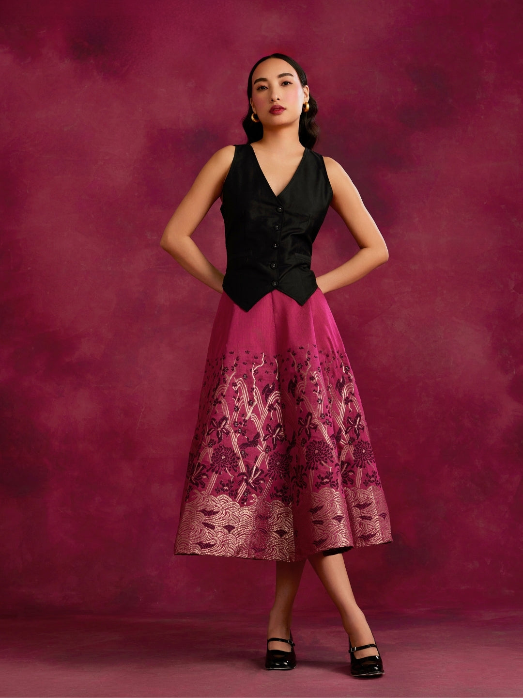 Waist coat top with zari work pleated skirt- Cabaret pink