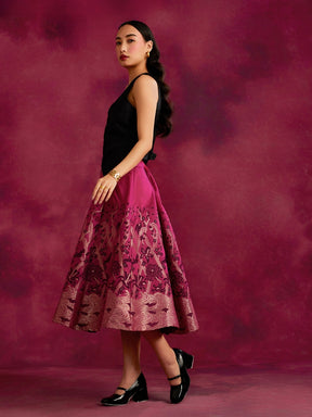 Waist coat top with zari work pleated skirt- Cabaret pink