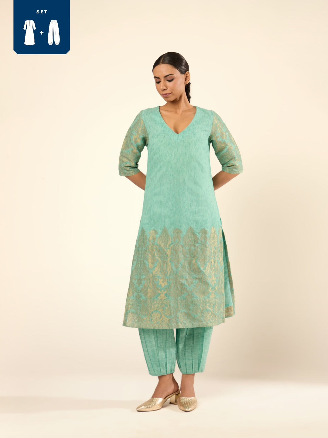 Zari Banswara Border Kurta Set- Mint Green