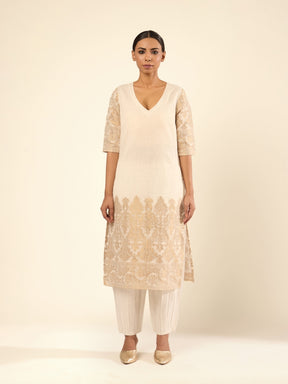 Zari Banswara Border Kurta- Ivory