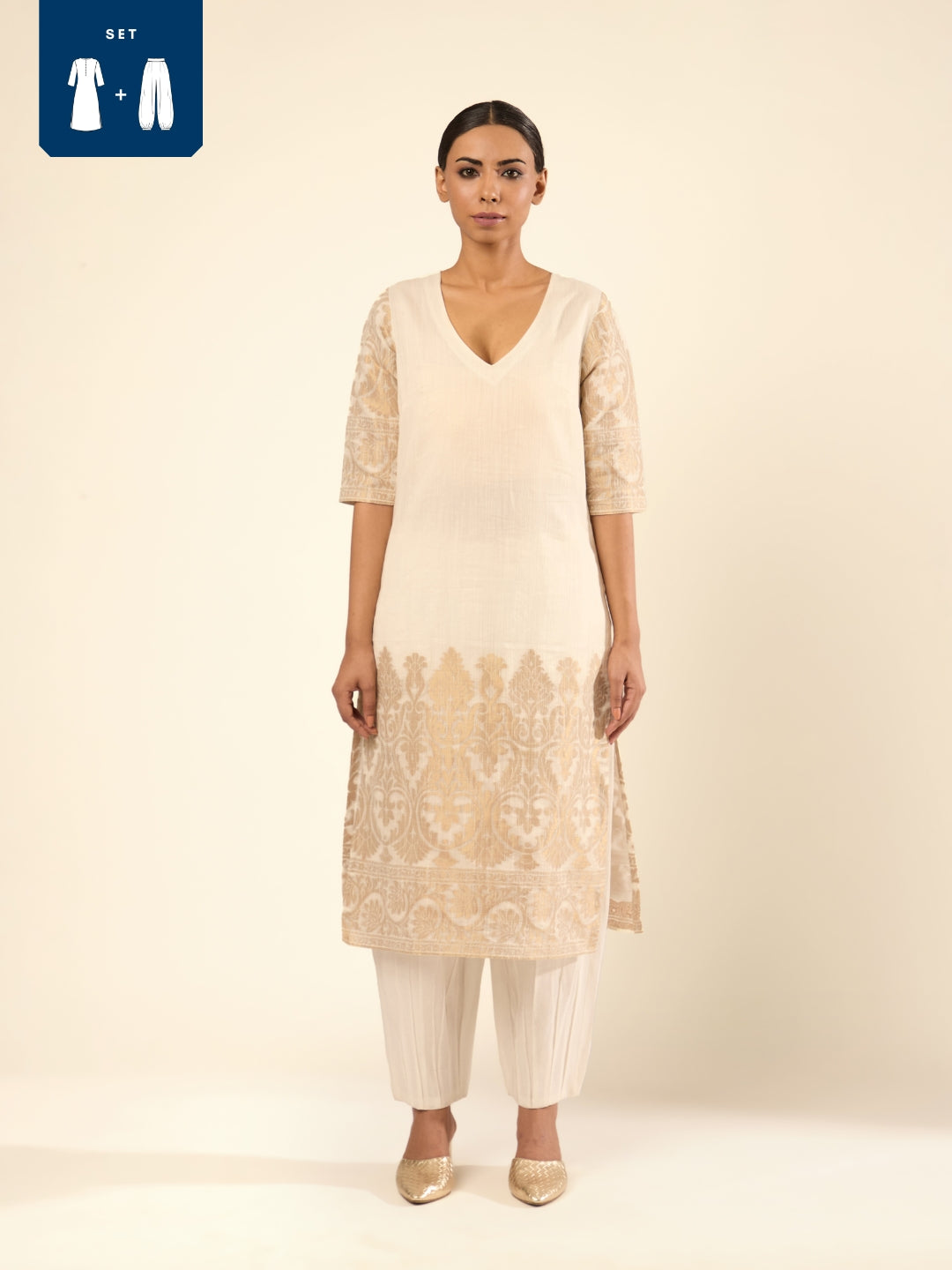 Zari Banswara Border Kurta Set- Ivory