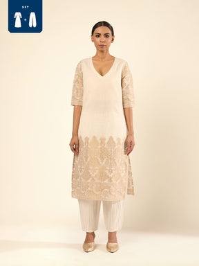 Zari Banswara Border Kurta Set- Ivory