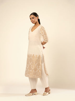 Zari Banswara Border Kurta- Ivory