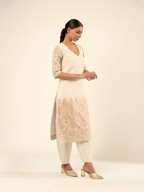 Zari Banswara Border Kurta- Ivory