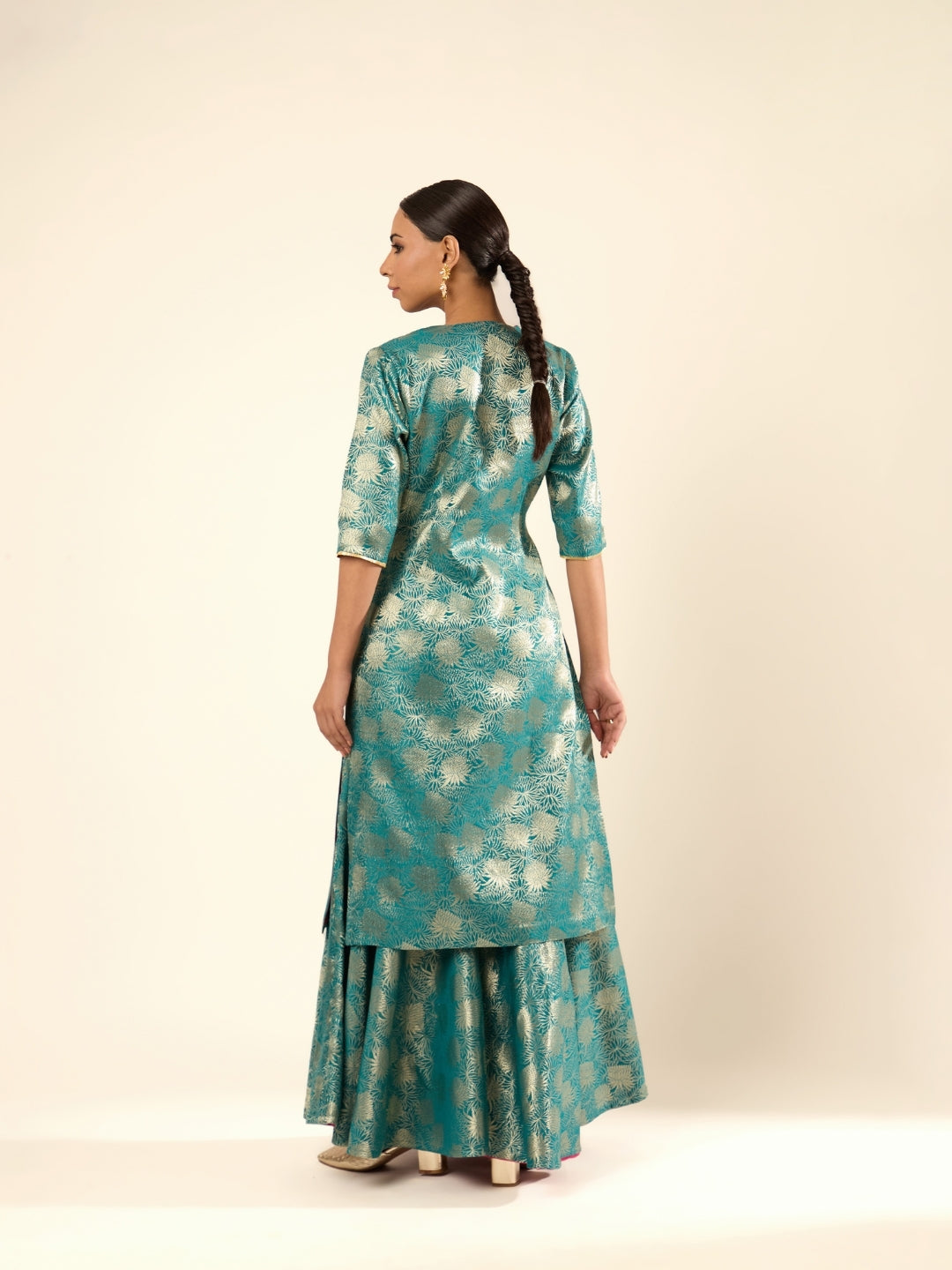 Lotus Jaal Baranasi Silk Kurta- Teal