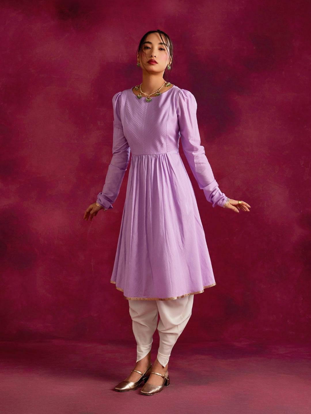 Pintucked yoke flared kurta Set- Lavender