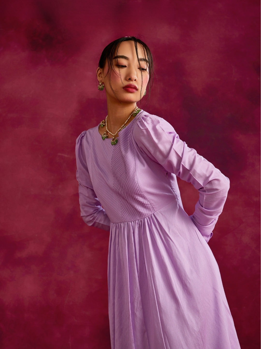 Pintucked yoke flared kurta- Lavender