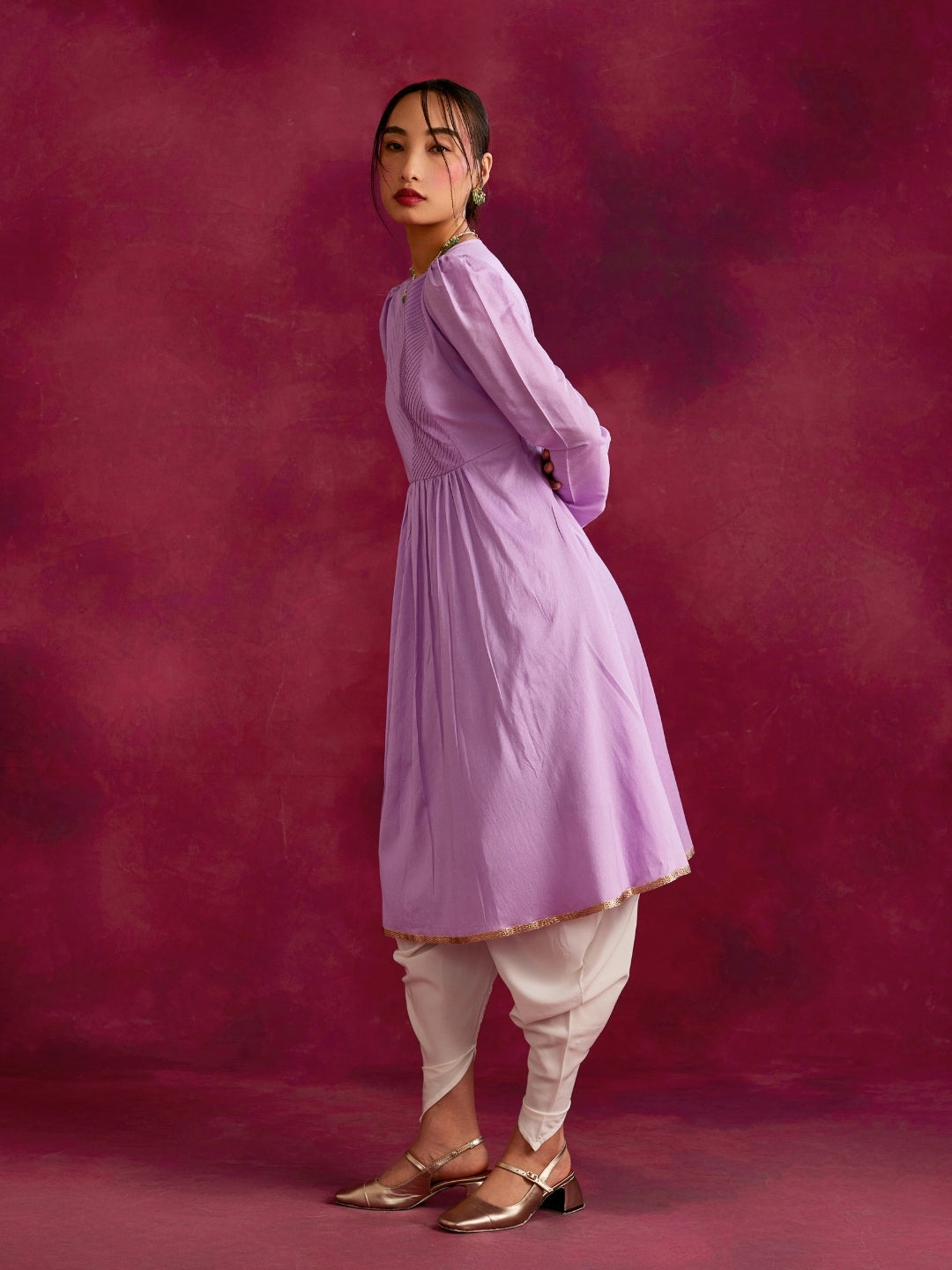 Pintucked yoke flared kurta- Lavender