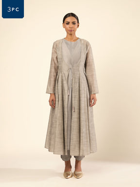 Baranasi Silk Pintuck Kurta Set Embraced by a Sheer Jacket- Grey