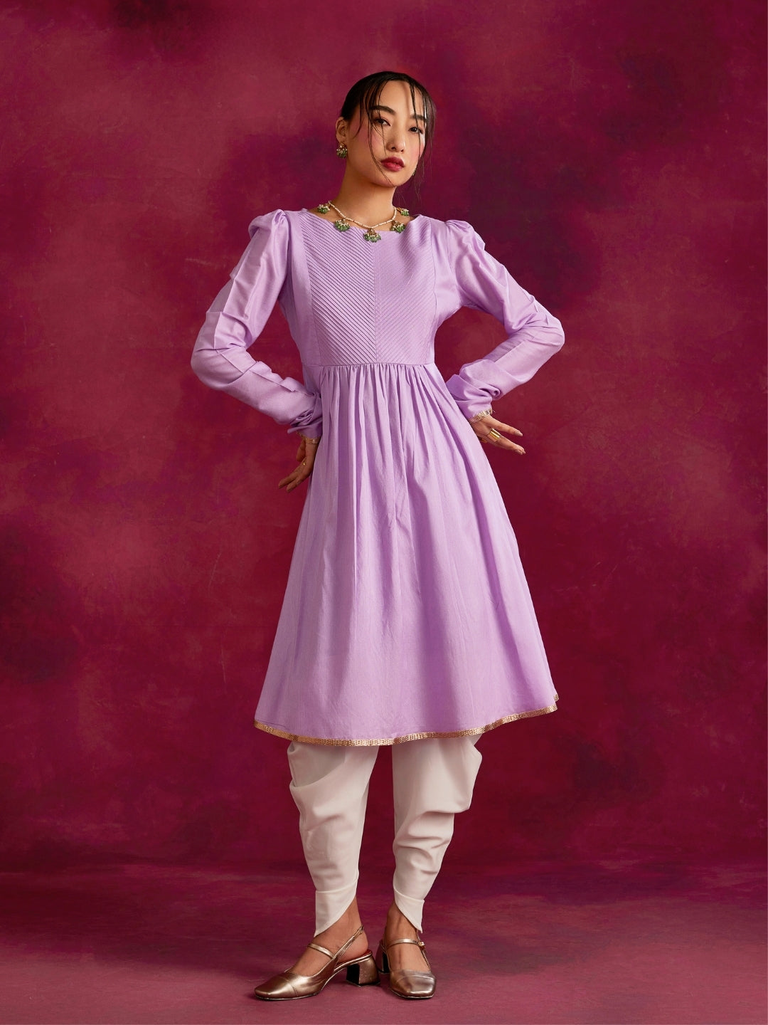 Pintucked yoke flared kurta- Lavender