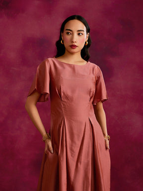 Pleated front with back cut out Kurta Set- Rose brown