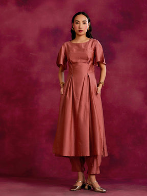 Pleated front with back cut out Kurta Set- Rose brown