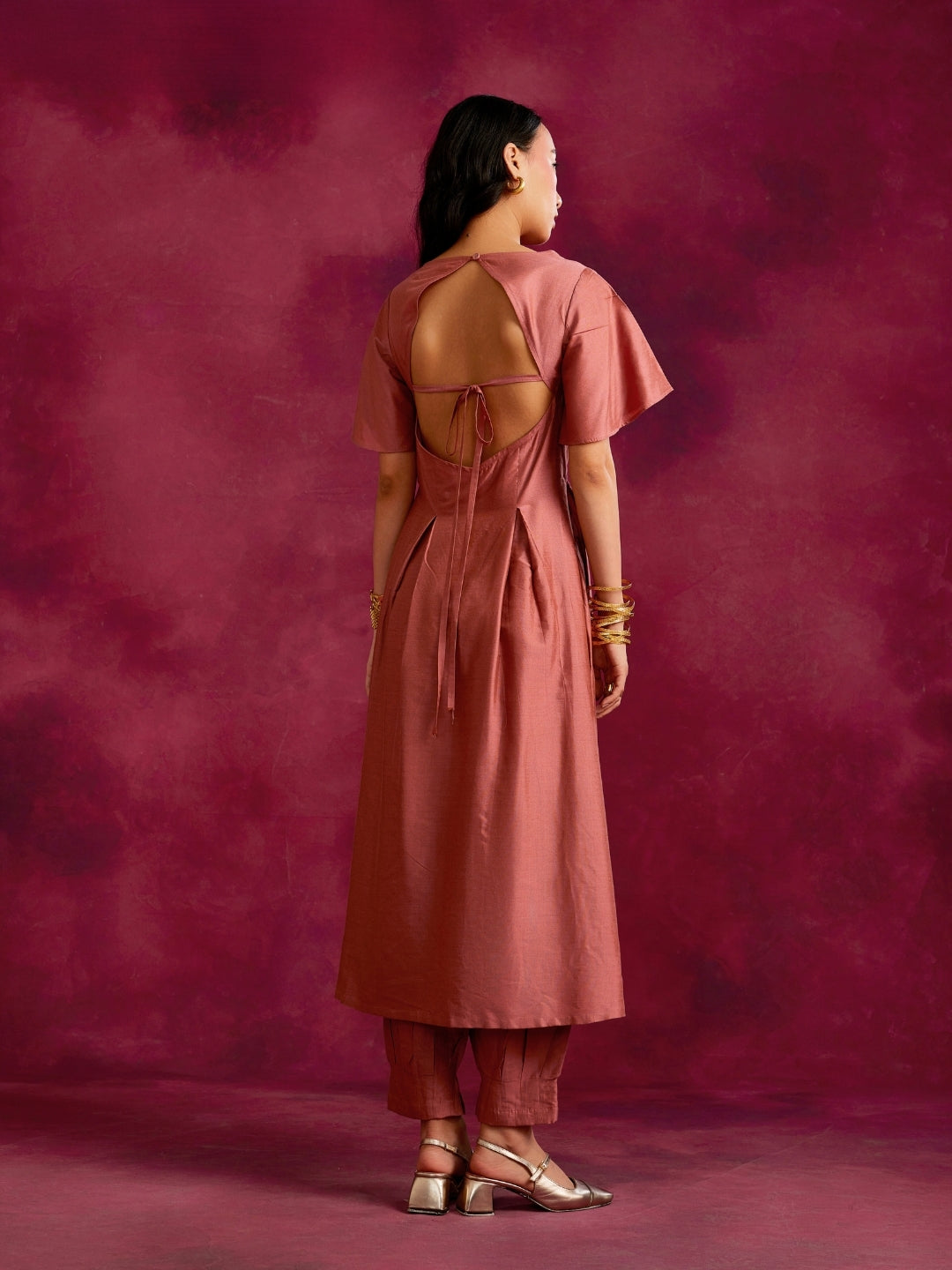 Pleated front with back cut out Kurta Set- Rose brown