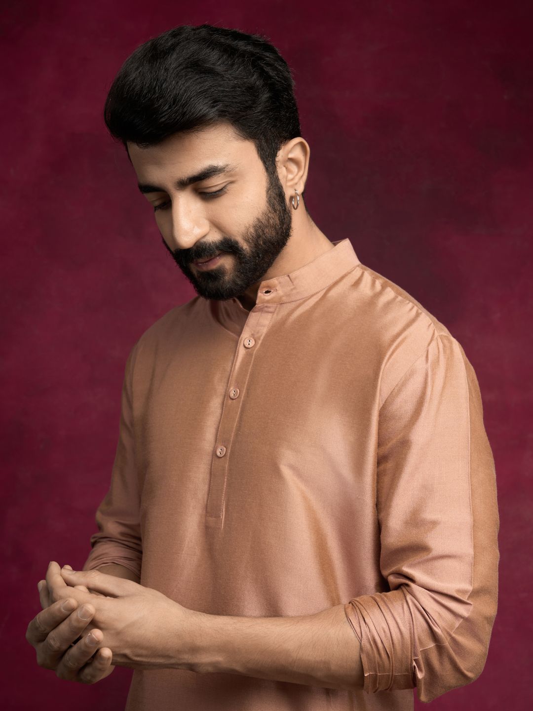 Mandarin collar Straight kurta Set - Coffee brown