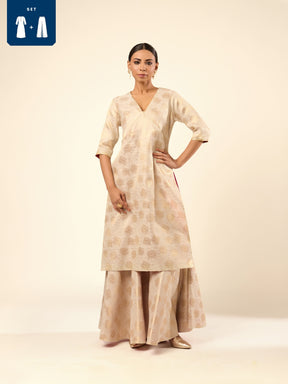 Lotus Jaal Baranasi Silk Kurta paired with Sharara- Ivory