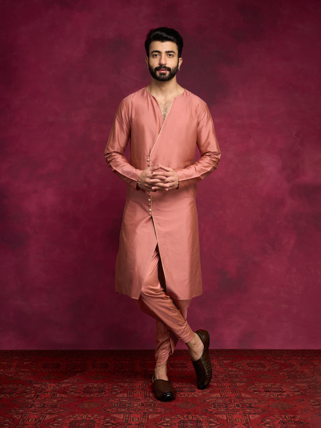 V-neck overlapped kurta- Rose brown