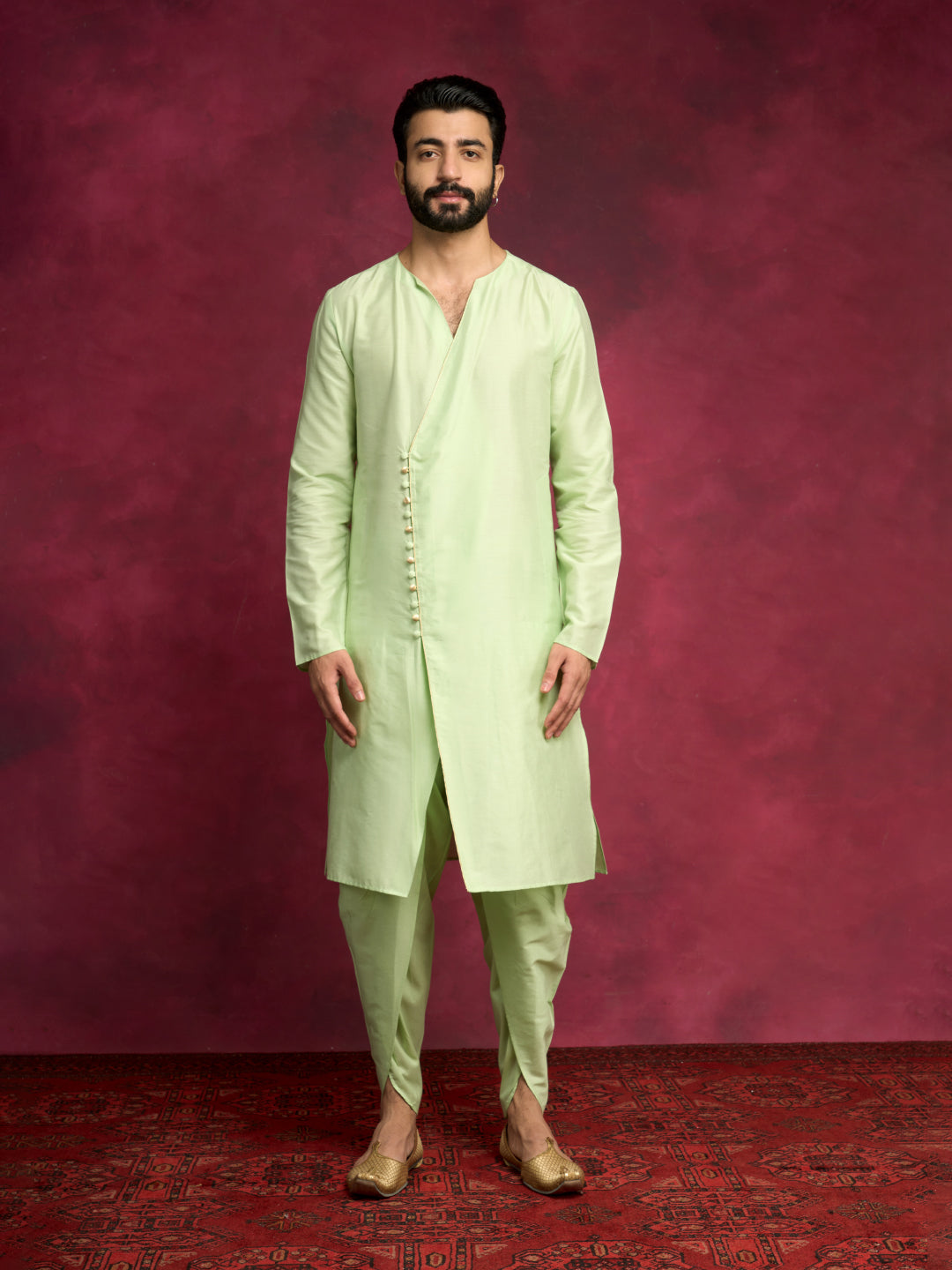 V-neck overlapped kurta Set - Pistachio green | Relove