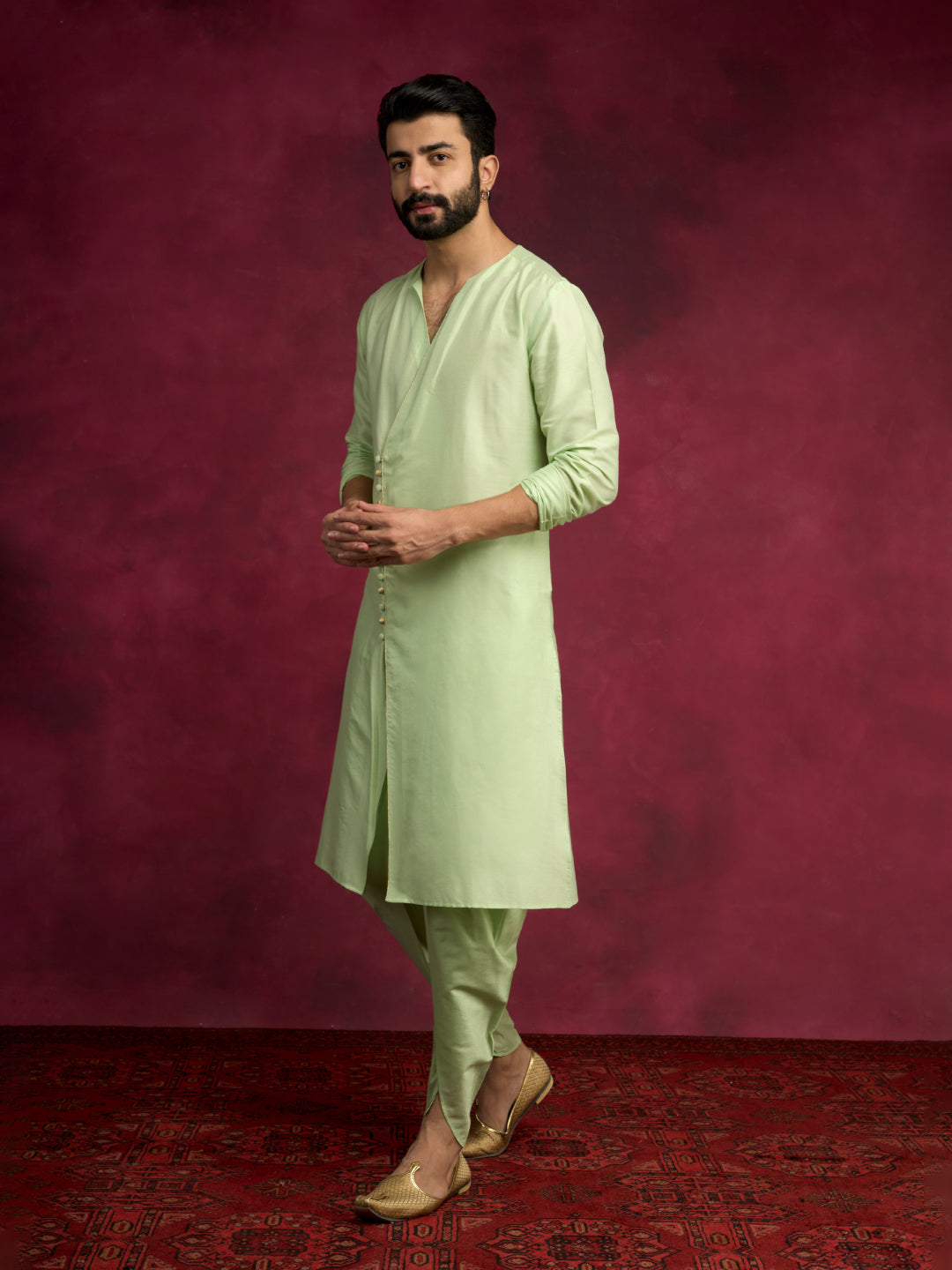 V-neck overlapped kurta Set - Pistachio green | Relove