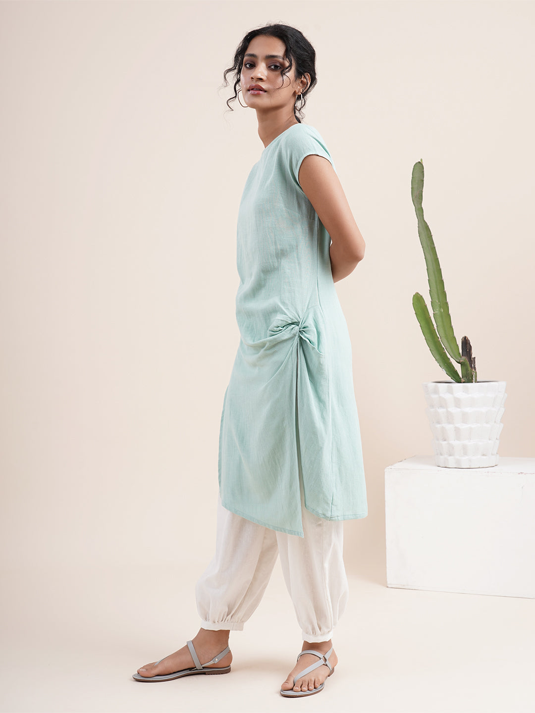 Mint Green Twist knot kurta in rayon flax