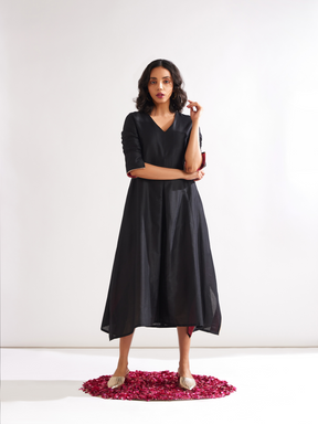 Inverted box pleat flare Dress- Rich black