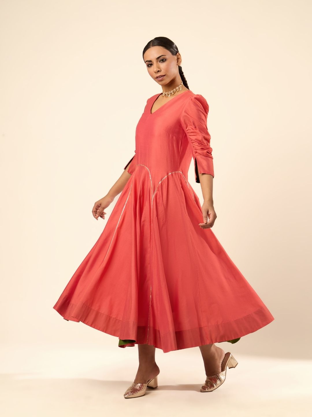 Circular panelled dress highlighted with Gota patti- Rust orange