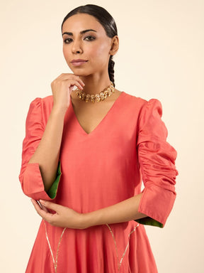 Circular panelled dress highlighted with Gota patti- Rust orange