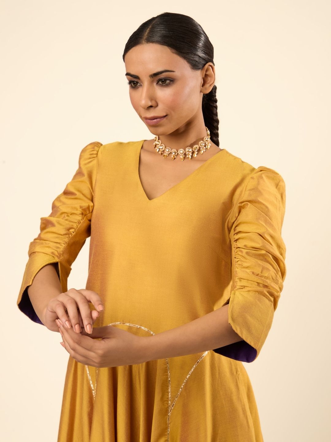 Circular panelled dress highlighted with Gota patti- Golden