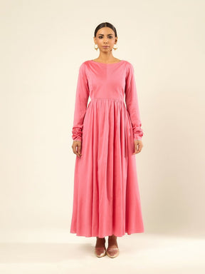 Banarasi Silk Pintuck Dress with Festive Flair- Pastel Pink