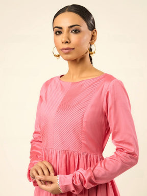 Banarasi Silk Pintuck Dress with Festive Flair- Pastel Pink