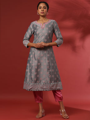 A-Line printed kurta with emnbroidered neckline- grey